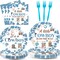 96 Pcs Western Cowboy Baby Shower Tableware Set for 24 Guests (Blue)